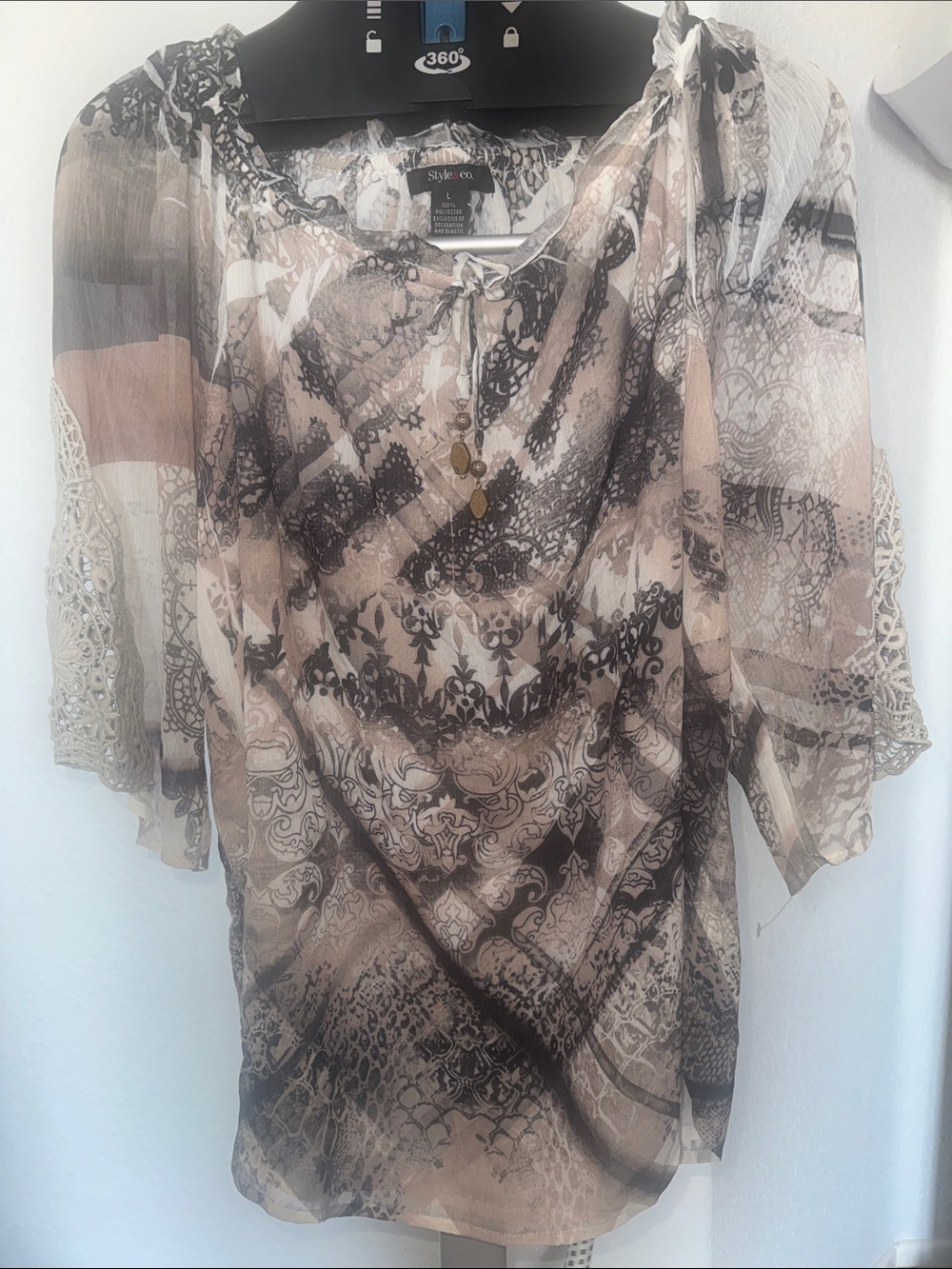 Style & Co. Beige and Black Sheer Lace-Print Peasant Blouse